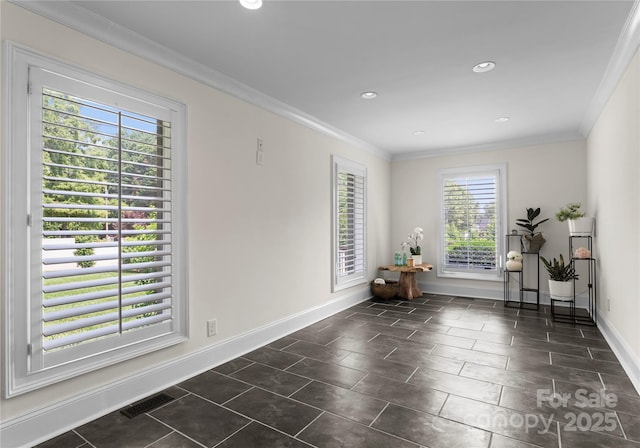 8300 Fairview Rd, Charlotte, NC 28226 - workout area featuring baseboards, crown molding, recessed lighting, and tile patterned floors