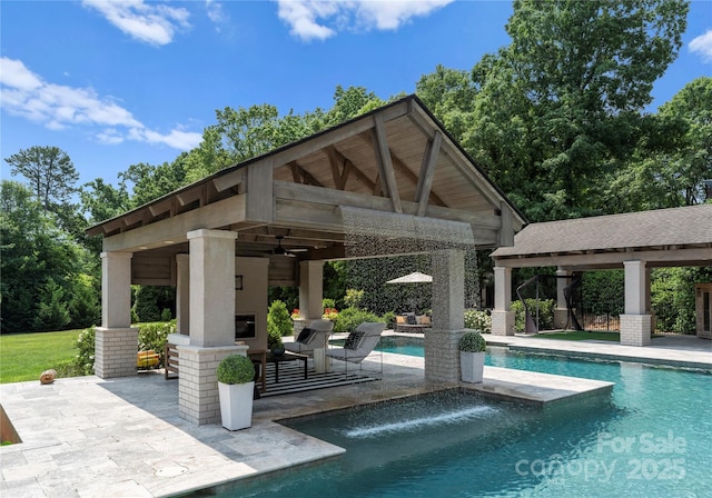 8300 Fairview Rd, Charlotte, NC 28226 - swimming pool featuring a gazebo, a patio, and a fireplace