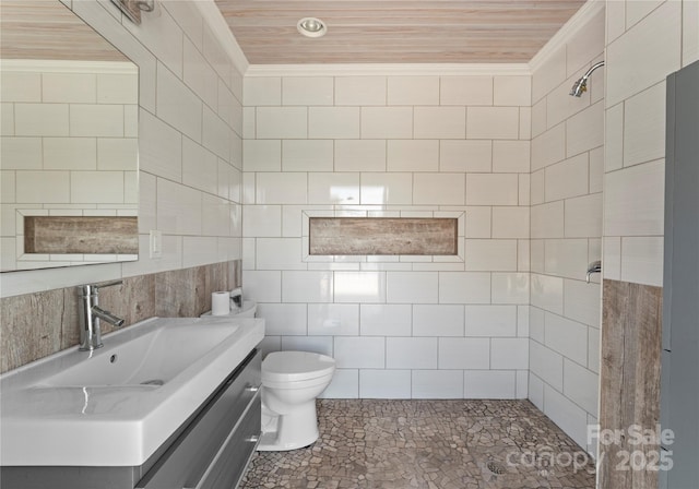 8300 Fairview Rd, Charlotte, NC 28226 - full bath with tiled shower, vanity, toilet, tile walls, and wood ceiling