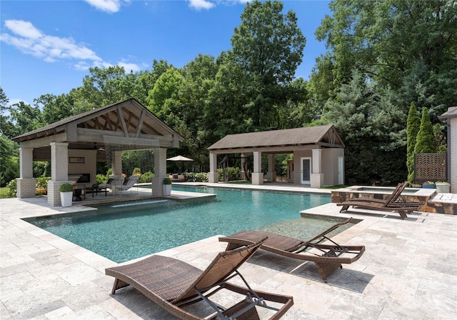 8300 Fairview Rd, Charlotte, NC 28226 - swimming pool featuring a gazebo, a patio area, a storage structure, and an outbuilding