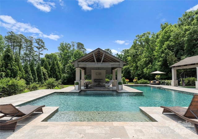 8300 Fairview Rd, Charlotte, NC 28226 - swimming pool with a gazebo, an outdoor fireplace, and a patio