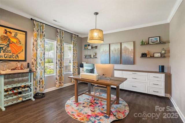 office space with baseboards, dark wood-style floors, and crown molding