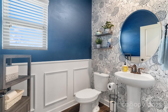 bathroom with plenty of natural light, a wainscoted wall, toilet, and wood finished floors