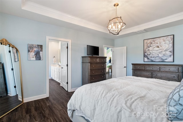 bedroom with a raised ceiling, baseboards, dark wood-type flooring, a chandelier, and crown molding
