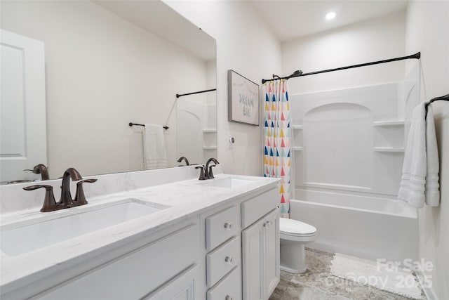 bathroom with toilet, shower / tub combo with curtain, double vanity, and recessed lighting
