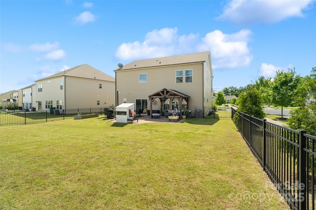 rear view of property with a gazebo, an outdoor hangout area, a patio area, and central air condition unit