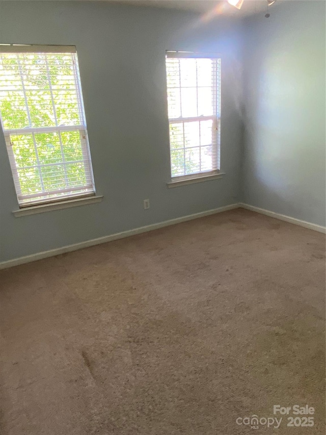 unfurnished room with carpet flooring, baseboards, and ceiling fan