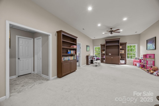 1108 Longwood Ct, Matthews, NC 28104 - living area with light carpet, recessed lighting, a ceiling fan, and baseboards