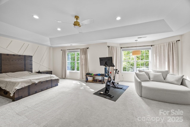 1108 Longwood Ct, Matthews, NC 28104 - bedroom with light colored carpet, recessed lighting, ceiling fan, a tray ceiling, and baseboards