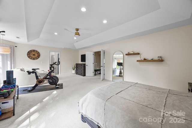 1108 Longwood Ct, Matthews, NC 28104 - bedroom with a raised ceiling, light carpet, recessed lighting, ceiling fan, and baseboards