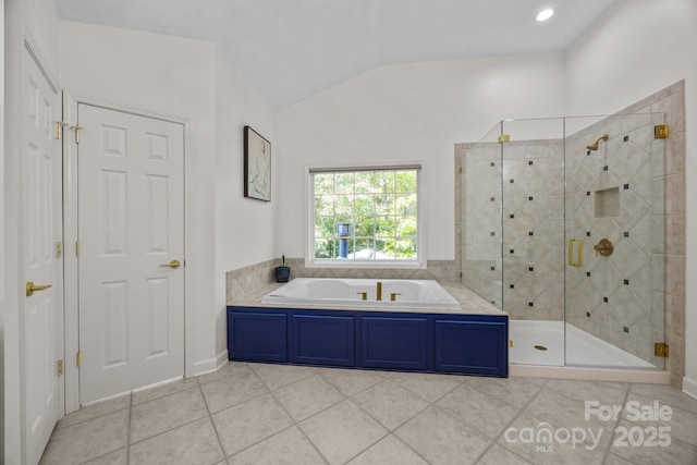 1108 Longwood Ct, Matthews, NC 28104 - bathroom featuring a bath, a shower stall, lofted ceiling, and tile patterned floors