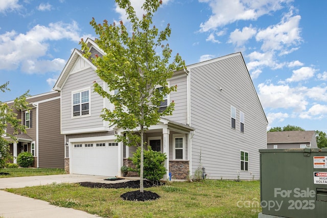 view of front of home featuring stone siding, driveway, a garage, and a front lawn