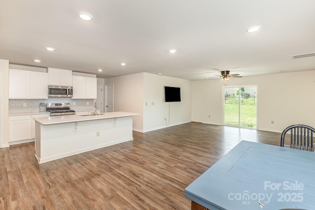 kitchen with appliances with stainless steel finishes, a ceiling fan, a sink, wood finished floors, and recessed lighting