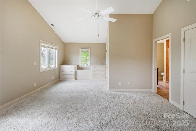452 Kyfields, Weaverville, NC 28787 - unfurnished bedroom with carpet, baseboards, high vaulted ceiling, and a ceiling fan