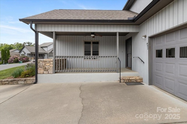 452 Kyfields, Weaverville, NC 28787 - view of exterior entry featuring covered porch, a shingled roof, ceiling fan, and driveway