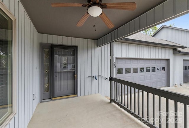 452 Kyfields, Weaverville, NC 28787 - property entrance with a ceiling fan, a garage, and roof with shingles