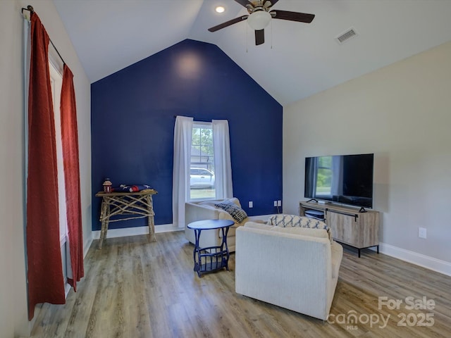 1454 King Rd, York, SC 29745 - living area featuring a ceiling fan, wood finished floors, lofted ceiling, and baseboards