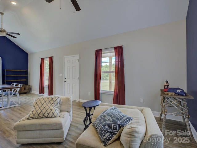 1454 King Rd, York, SC 29745 - living area featuring ceiling fan, lofted ceiling, baseboards, wood finished floors, and recessed lighting