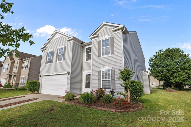 view of front of property featuring concrete driveway, an attached garage, and a front yard