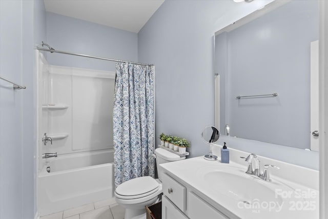 bathroom with vanity, toilet, shower / bath combination with curtain, and tile patterned flooring