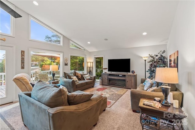 592 Shoreline Rd, New London, NC 28127 - living room featuring high vaulted ceiling, carpet floors, and recessed lighting