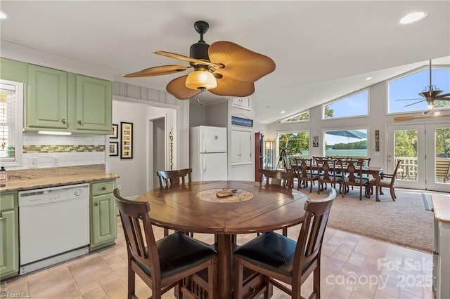 592 Shoreline Rd, New London, NC 28127 - dining space featuring ceiling fan, healthy amount of natural light, lofted ceiling, and recessed lighting