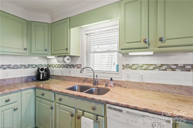 592 Shoreline Rd, New London, NC 28127 - kitchen with white dishwasher, a sink, tasteful backsplash, and light stone counters