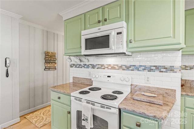 592 Shoreline Rd, New London, NC 28127 - kitchen with white appliances, green cabinetry, and crown molding