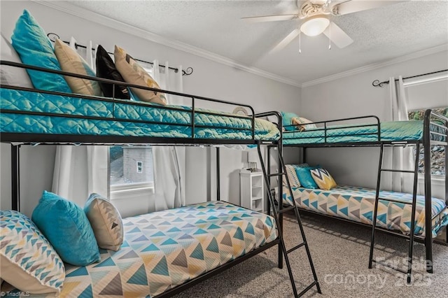 592 Shoreline Rd, New London, NC 28127 - bedroom with carpet flooring, multiple windows, crown molding, a textured ceiling, and a ceiling fan