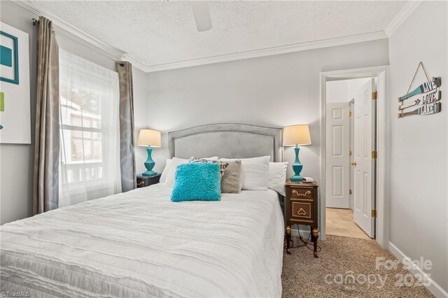 592 Shoreline Rd, New London, NC 28127 - carpeted bedroom with crown molding, a textured ceiling, a ceiling fan, and baseboards
