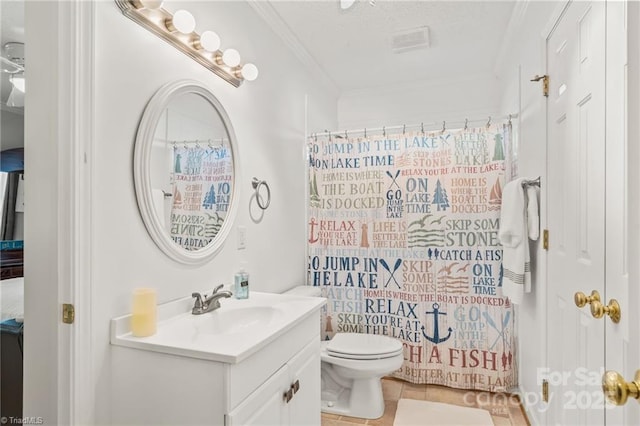 592 Shoreline Rd, New London, NC 28127 - full bathroom featuring ornamental molding, vanity, toilet, tile patterned floors, and a shower with curtain