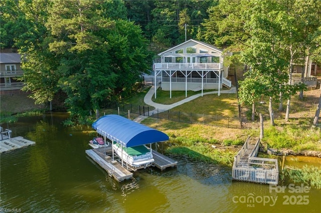 592 Shoreline Rd, New London, NC 28127 - dock with boat lift, a water view, and stairs