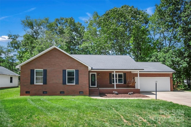 single story home featuring crawl space, an attached garage, brick siding, concrete driveway, and covered porch