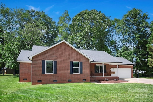 ranch-style home with crawl space, driveway, an attached garage, and brick siding