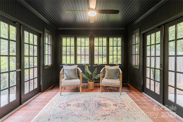 118 Macon Ave, Asheville, NC 28801 - sunroom with french doors, crown molding, tile patterned flooring, plenty of natural light, and wooden ceiling