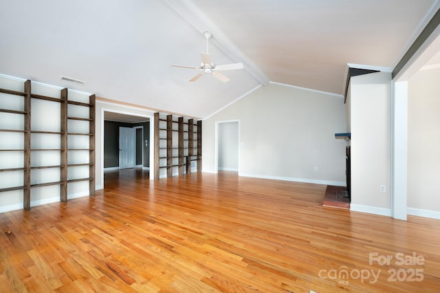 200 Allen Mountain Dr, Black Mountain, NC 28711 - unfurnished living room featuring light wood-style floors, ceiling fan, baseboards, ornamental molding, and a fireplace