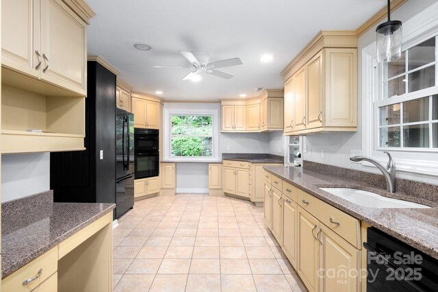 200 Allen Mountain Dr, Black Mountain, NC 28711 - kitchen featuring a sink, cream cabinets, black appliances, a ceiling fan, and light tile patterned floors