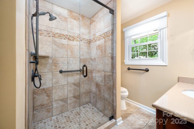 200 Allen Mountain Dr, Black Mountain, NC 28711 - bathroom with a shower stall, tile patterned floors, vanity, and baseboards