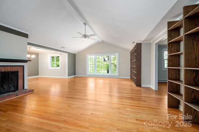 200 Allen Mountain Dr, Black Mountain, NC 28711 - unfurnished living room featuring light wood finished floors, baseboards, a ceiling fan, and a brick fireplace