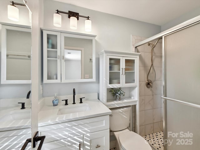 2315 Lawton Bluff Rd, Charlotte, NC 28226 - bathroom featuring double vanity, a shower stall, and toilet