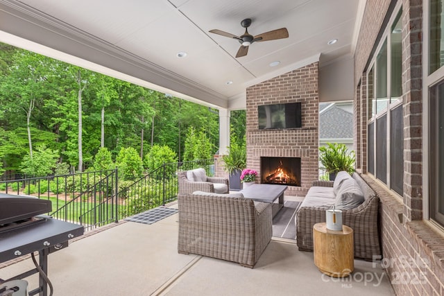 1445 Cherry Laurel Dr, Waxhaw, NC 28173 - view of patio / terrace featuring an outdoor living space with a fireplace and ceiling fan