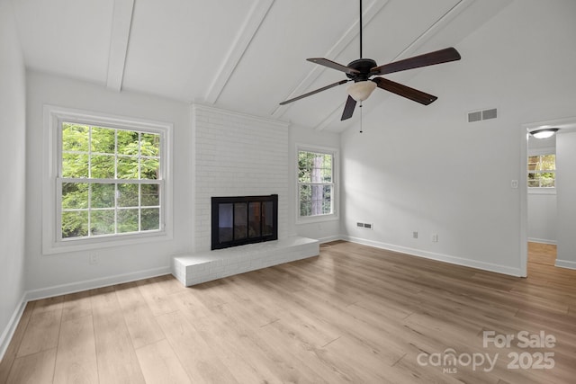 6713 William Harry Ct, Charlotte, NC 28211 - unfurnished living room with ceiling fan, baseboards, beamed ceiling, high vaulted ceiling, and a fireplace