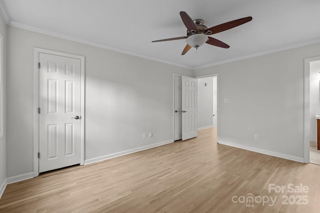 6713 William Harry Ct, Charlotte, NC 28211 - unfurnished bedroom with baseboards, light wood finished floors, ornamental molding, ensuite bath, and a ceiling fan
