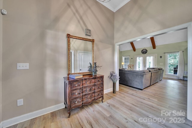 1166 Rocky River Rd, Lancaster, SC 29720 - entryway with light wood-type flooring, baseboards, high vaulted ceiling, and beam ceiling