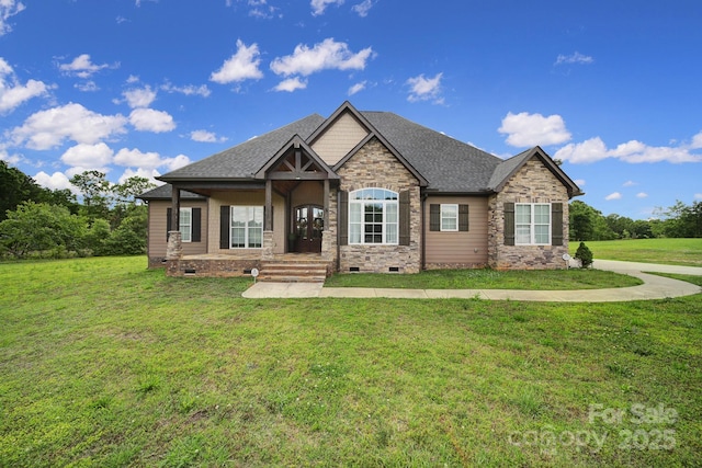 1166 Rocky River Rd, Lancaster, SC 29720 - craftsman house with crawl space, a front yard, a shingled roof, and stone siding