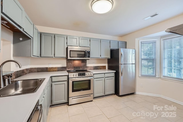 kitchen with appliances with stainless steel finishes, a sink, gray cabinetry, and baseboards