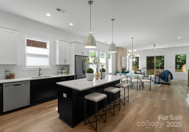 2006 St John St, Charlotte, NC 28216 - kitchen featuring stainless steel appliances, a kitchen island, light countertops, open floor plan, and a breakfast bar area