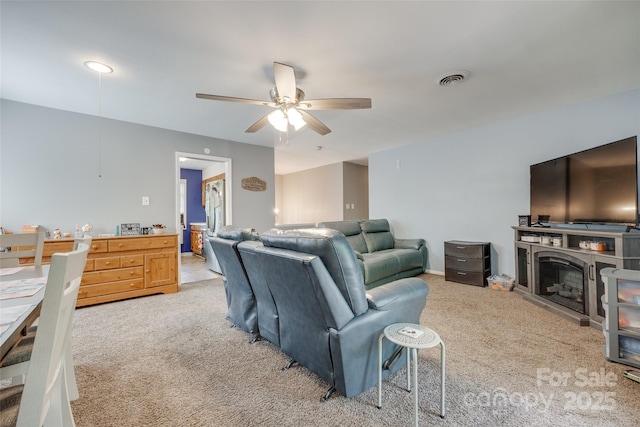 679 Fairforest Rd, Chester, SC 29706 - living room featuring light carpet, a ceiling fan, and visible vents