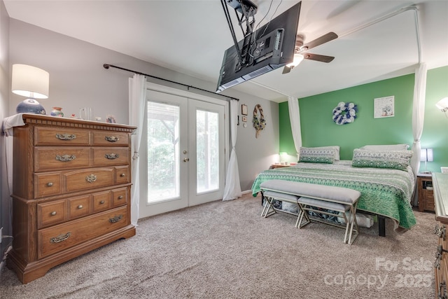 679 Fairforest Rd, Chester, SC 29706 - bedroom with light carpet, french doors, a ceiling fan, and access to exterior
