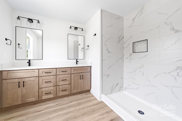 413 Jose St, Shelby, NC 28150 - full bathroom featuring double vanity, wood finished floors, and a shower